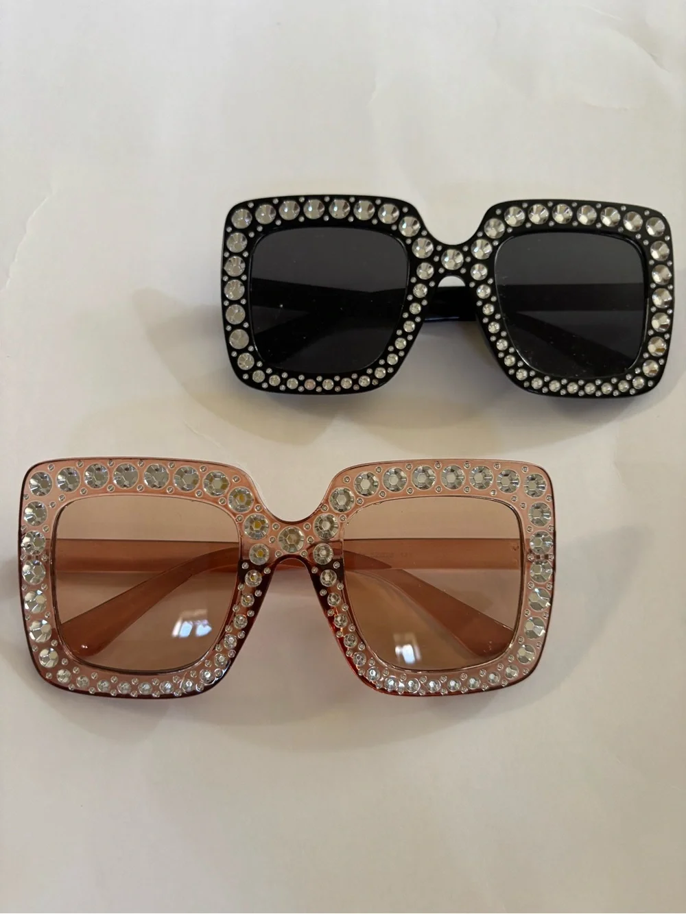 Crystal-Trim Square Sunglasses - Black and Pink